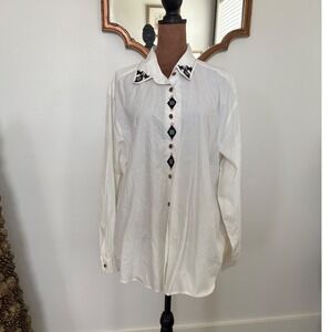 Koret White Embroidered Holiday Button Down Shirt - Womens XL